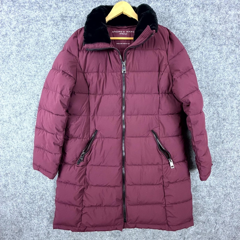 Andrew Marc Stretch Puffer Coat Women Large Burgundy Full Zipper Faux Fur Collar